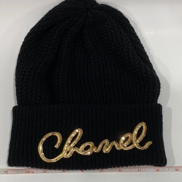 Authentic Chanel Black Cashmere Beanie Hat with gold logo sequins Brand New - Picture 10 of 10